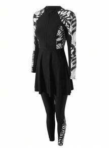 Swim Mulvari Women's Summer Beach Plant Printed High Neck Zipper Top With Ruffle Hem Long Sleeve And Pants Vacation Burkini Swimwear Set Arabic Clothing