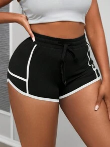 Maweii Plus Contrast Binding Drawstring Waist Shorts For Summer - Black - View 6