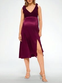 MaterniChic Maternity Elegant Commuter Bodycon Dress With Bow Knot Shoulder Straps - Purple - View 1