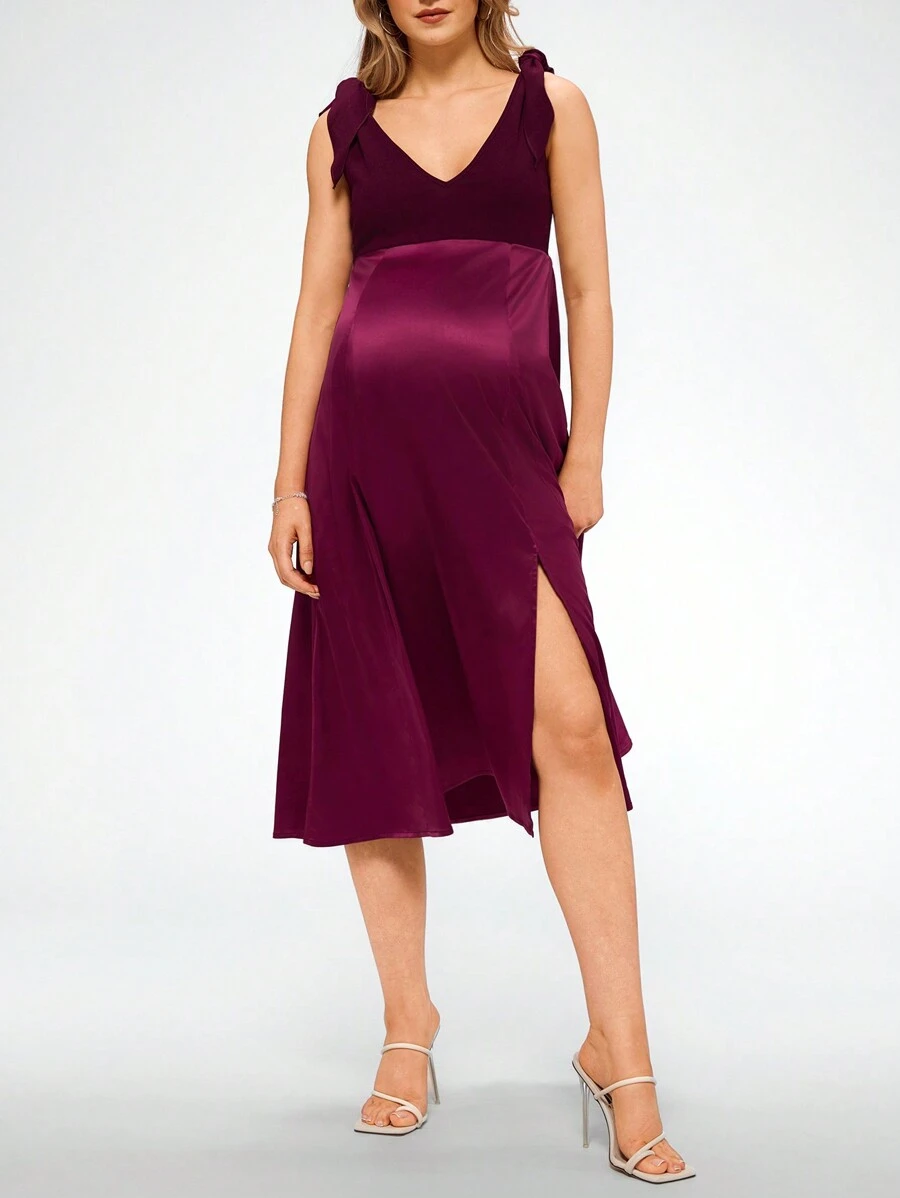 MaterniChic Maternity Elegant Commuter Bodycon Dress With Bow Knot Shoulder Straps - Purple - View 1