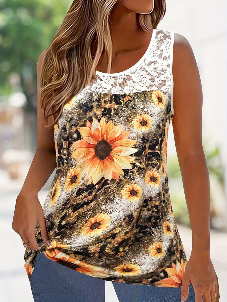 大尺寸夏季休閒蕾絲拼接豹紋向日葵印花背心 - 彩色 - 查看 1