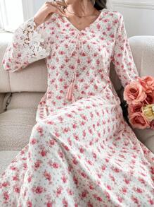 Yasmyna Đầm hoa nhỏ cổ chữ V buộc nơ giả - Hồng - Xem 8