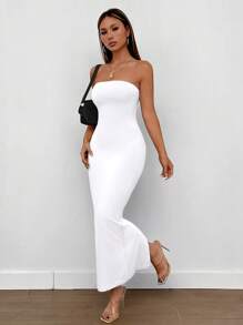 SHEIN PETITE Split Back Tube Summer Women Outfit Dress,Summer Dresses For Women,White Graduation Dress - White - View 4