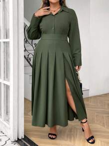 SHEIN Unity Robe chemise fendue unicolore pour l'été - Militaire verte - Voir 3