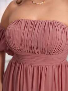 Vestido de gasa con cuello plisado, mangas farol y abertura alta para mujer de talla grande - Rosa vieja - Ver 7