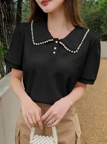 DAZY Women's Summer Faux Pearl Decorated Polo Neck Short Sleeve Casual T-Shirt