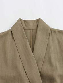 Solid Color Belted Kimono Style Lightweight Jacket, Long Sleeve - Khaki - View 3