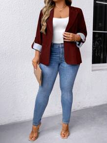 SHEIN LUNE Plus Roll Tab Sleeve Single Button Blazer - Burgundy - View 5