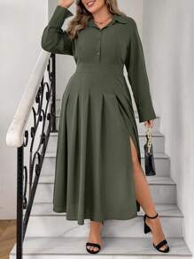 SHEIN Unity Robe chemise fendue unicolore pour l'été - Militaire verte - Voir 1