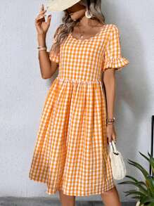 SHEIN LUNE Summer Fashionable & Casual Comfortable Loose-Fit Orange Plaid Women's Dress
