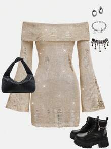 SHEIN Teen Girls Khaki Sequin Knitted Dress With Hollow-Out Long Sleeves And Off Shoulder, - Khaki - View 3