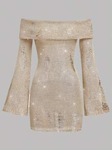 SHEIN Teen Girls Khaki Sequin Knitted Dress With Hollow-Out Long Sleeves And Off Shoulder, - Khaki - View 4