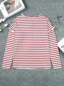 Women's Red Striped Print Ruffled Buttoned Long Sleeve Top - Red - View 6