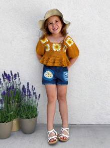 SHEIN Young Girl Flower Pattern Square Neck Sunflower Crochet Cropped Cover Ups