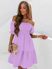 Solid Color Strapless Mid-Length Dress, Vacation & Casual Wear - Mauve Purple - View 1