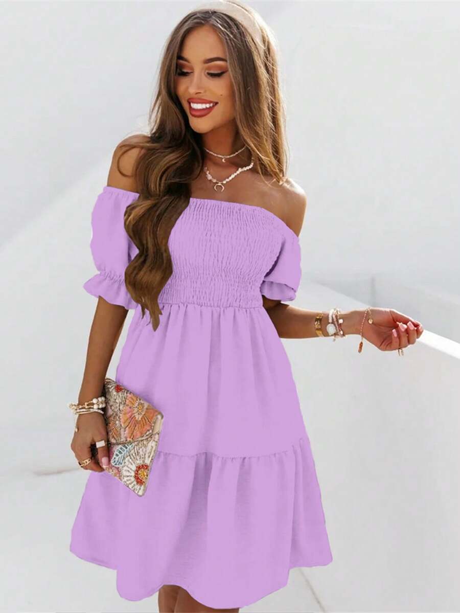 Solid Color Strapless Mid-Length Dress, Vacation & Casual Wear - Mauve Purple - View 1