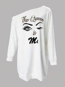 Figure & Slogan Graphic Asymmetrical Neck Sweatshirt Dress For Summer - White - View 4