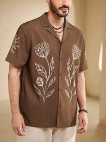 Manfinity RelaxMax 男士夏季花卉印花短袖休閒舒適襯衫 - 卡其色 - 查看 6