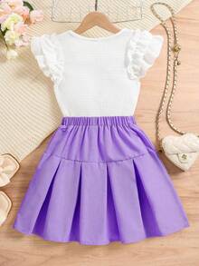 SHEIN Conjunto de top con textura de volantes y falda plisada para niña preadolescente - Morado - Ver 2
