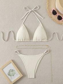 SHEIN Swim 女式夏季沙灘純色領結露背兩件式比基尼套裝 - 杏色 - 查看 1