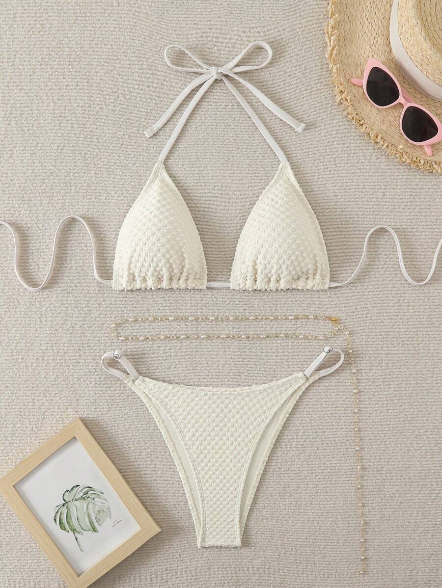 SHEIN Swim 女式夏季沙灘純色領結露背兩件式比基尼套裝 - 杏色 - 查看 1