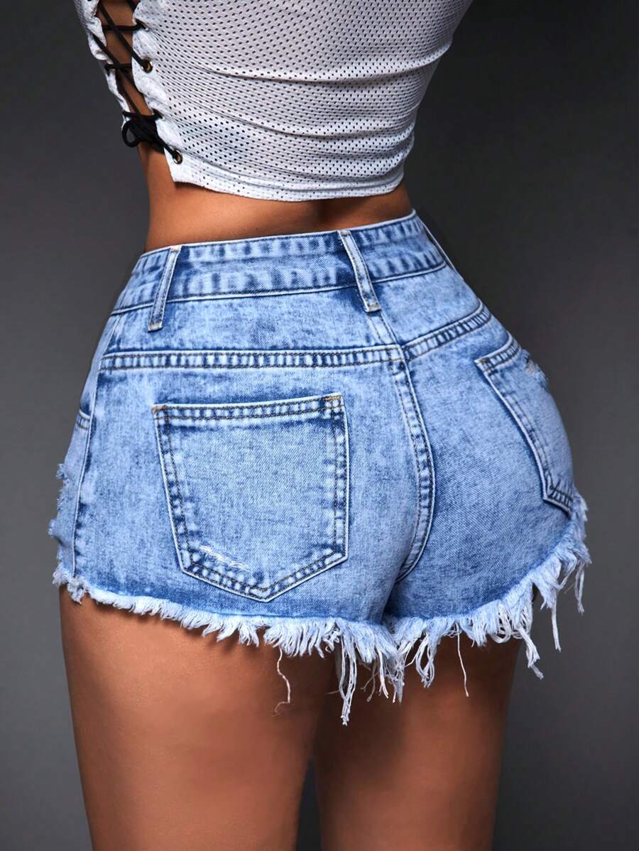 SHEIN ICON 女士休閒磨邊牛仔短褲，附有磨損口袋 - 藍色 - 查看 1