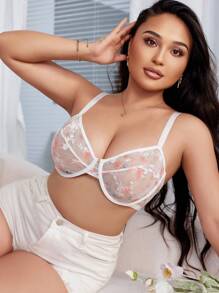 SHEIN 大尺碼女士花卉網眼背心和無鋼圈胸罩 - 白色 - 查看 1