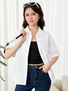 SHEIN Teen Girl Woven Solid Color Back Ruched Slit Loose Casual Short Sleeve Shirt - White - View 5