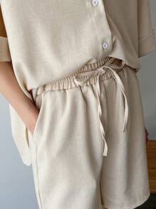 FRIFUL Chemisier boutonné unicolore et short à taille avec cordon de serrage SHEIN X AYA NAKAMACHI