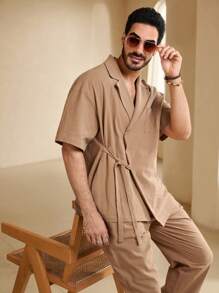 Manfinity Homme Men Solid Knot Side Blouse & Pants - Khaki - View 5
