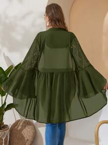 EMERY ROSE Plus Size Women'S Summer Black Cardigan Chiffon And  Lace Splice Ruffle Sleeve Top