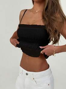 Aloruh Áo thun nữ màu trắng kết cấu bó sát lãng mạn Date Tank Top - màu đen - Xem 6