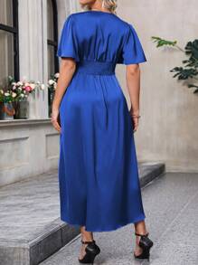 Flirla Plus Butterfly Sleeve Split Thigh Dress For Summer - Royal Blue - View 2