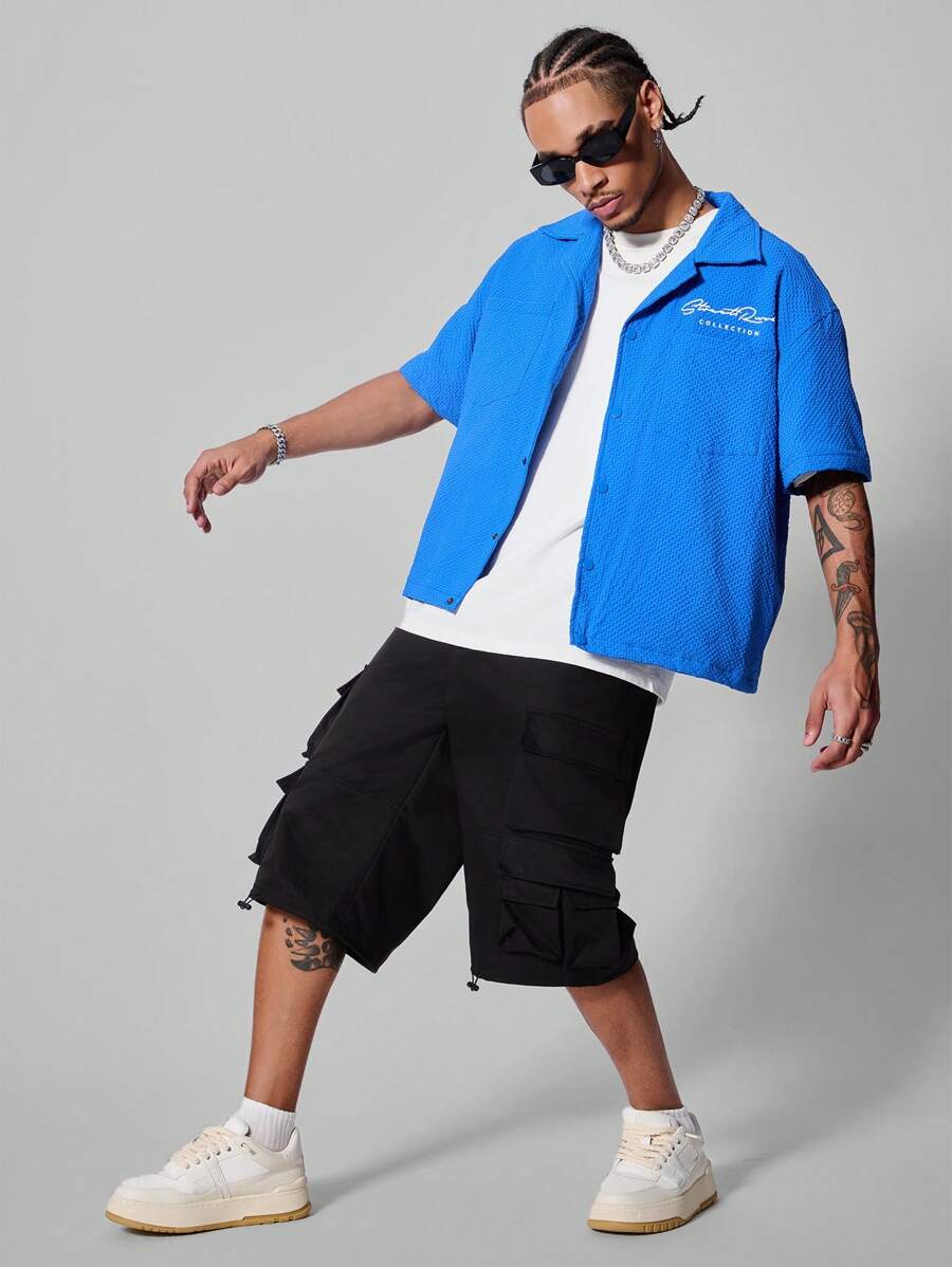 PAVTROS Zomershirt voor heren met korte mouwen en letterprint, casual button-down, dagelijks woon-werkverkeer en vrije tijd - Blauw - Bekijken 1