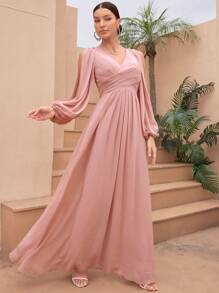 V-Neck Pleated Waist Slit Long Sleeve Chiffon Dress - Baby Pink - View 1