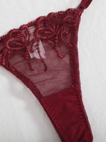 SHEIN Embroidered Mesh Underwire Sexy Bra & Panty Lingerie Set - Burgundy - View 5