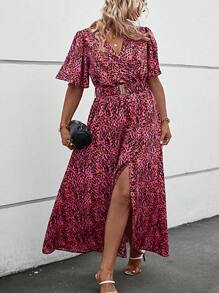 Breezaya 夏季蝴蝶袖分叉連衣裙，無腰帶，全印花設計