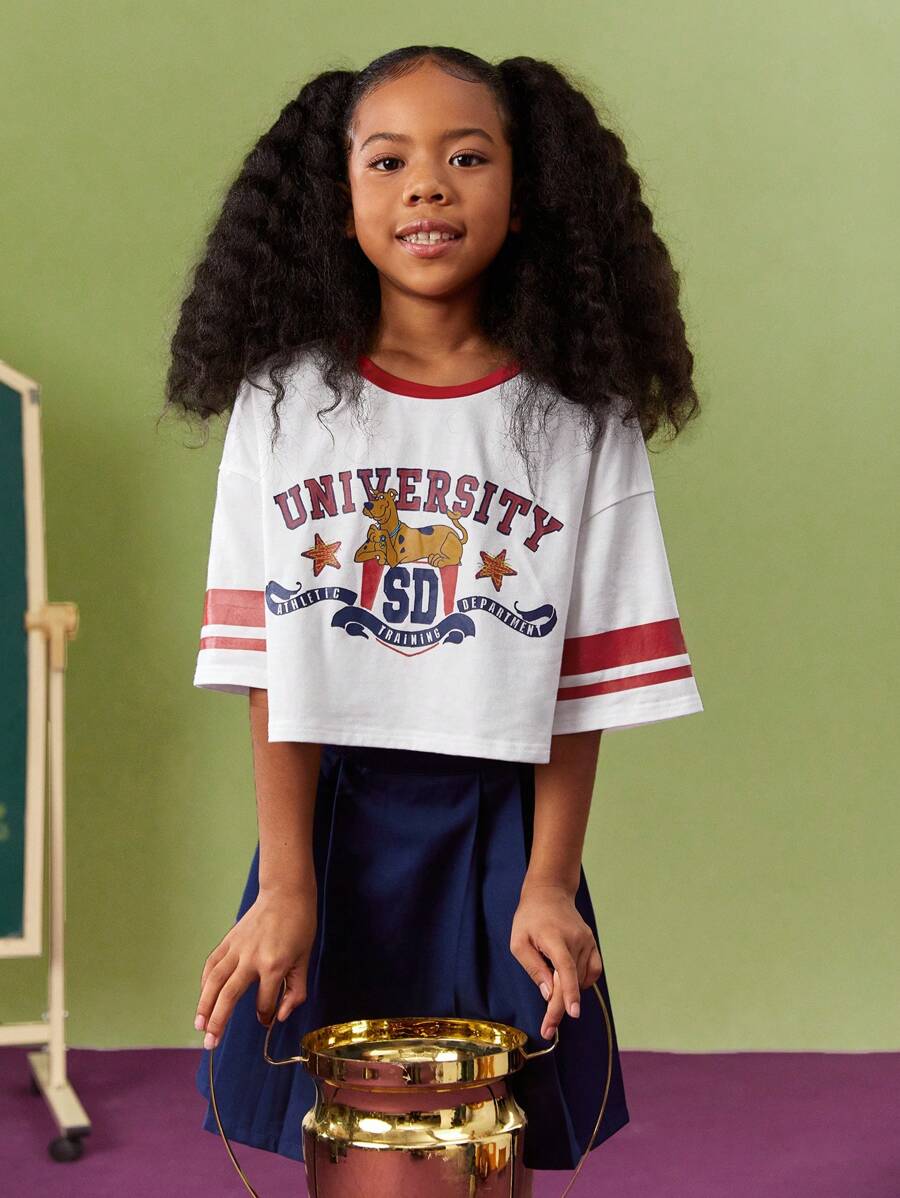 SCOOBY-DOO X SHEIN 青少年女孩字母狗印花红色休闲学院风撞色吊带圆领短袖短款上衣 - 彩色 - 查看 1