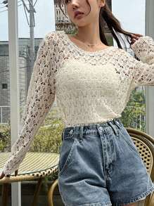 DAZY 女士长袖透明网眼圆领上衣外出上衣夏季 - 杏色 - 查看 4