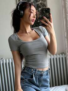DAZY Women Summer Solid Color Square Neck Slim Short Sleeve T-Shirt