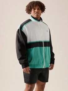 Manfinity VCAY 2pcs Men's Plus Size Casual Woven Patchwork Stand Collar Zipper Jacket And Straight Shorts Set, Suitable For Spring And Summer Back To School, For Fall Winter - Blue - View 1