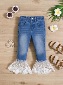 SHEIN Young Girls' Mesh Jeans, Simple Style, Blue, Perfect For Daily Wear - Light Wash - View 4