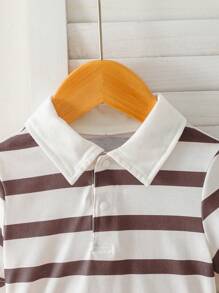 Polo Collar Striped Short Sleeve T-Shirt And Overall Shorts Retro American Country Style Fashionable Outfit For Baby Boys