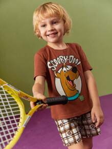 SCOOBY-DOO X SHEIN Young Boy Casual Cartoon Printed Brown Short Sleeve T-Shirt And Plaid Shorts, Summer - Brown - View 3
