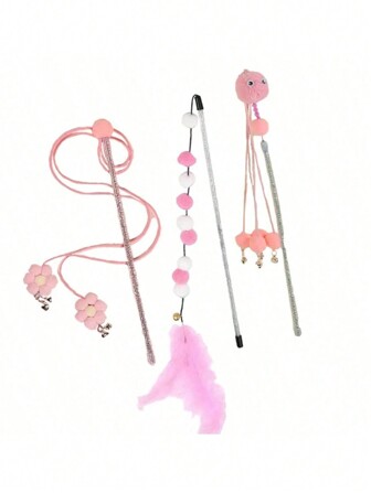 PETSIN 3pcs/Set Cat Teaser Wand Set With Floral Tassel Cartoon Design, Interactive Toy For Indoor Play