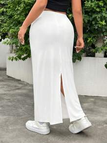 SHEIN EZwear Falda blanca de tejido de punto para mujeres de talla grande hasta medio becerro con cinturilla elástica, detalle de abertura en la parte trasera y forro interno, adecuada para la oficina de verano, la escuela o el uso diario casual - Blanco - Ver 2