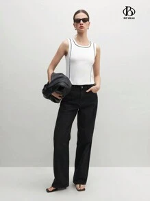 BizChic Women's Business Attire Office Work Cheongsam Style Black & White Contrast Knitted Fitted Tank Top