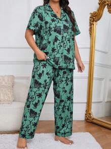 Printed Short Sleeve Top And Long Pants Pajama Set, Plus Size, With Collar And Front Opening - Green - View 5
