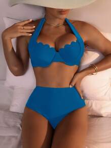 SHEIN Swim 女性純色綁頸性感比基尼套裝，具有曲線修剪，適合夏季沙灘 - 藍色 - 查看 5