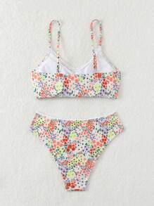 Swim Mod Conjunto de bikini de dos piezas, estampado de patrón aleatorio con dientes blancos, comprado derechos de autor verano playa - Multicolor - Ver 2